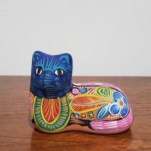 Alebrije Style Hand Made Small Ceramic Cat Figurine Hand Painted 3" x 2.5"